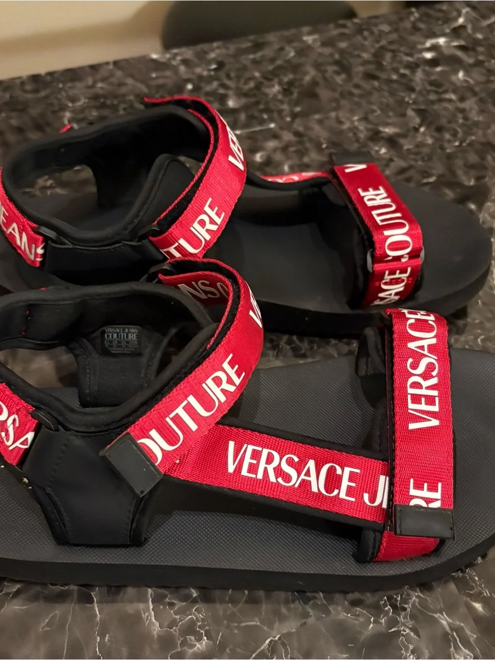 Versace Red Logo Webbing Strappy Sandals